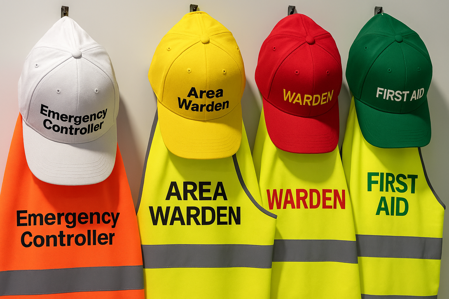 Emergency Controller, Area Warden, Warden and First Aid caps and vests on hooks